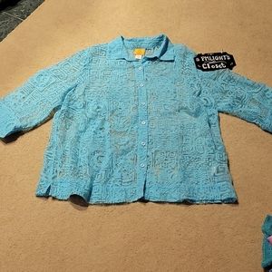 Ruby Rd Woman Blouse 18W Teal Sheer 3/4 Sleeve